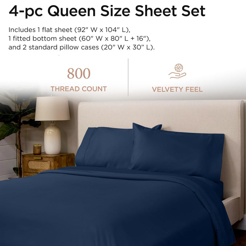 Threadmill Luxury 800 Thread Count Queen 100% Cotton Sheets - Folkstone Blue Sateen Weave Bed-Sheets, Better Than Egyptian Cotton,4 Pc Solid Soft Bed Set, Fits 16" Deep Pocket - Image 2